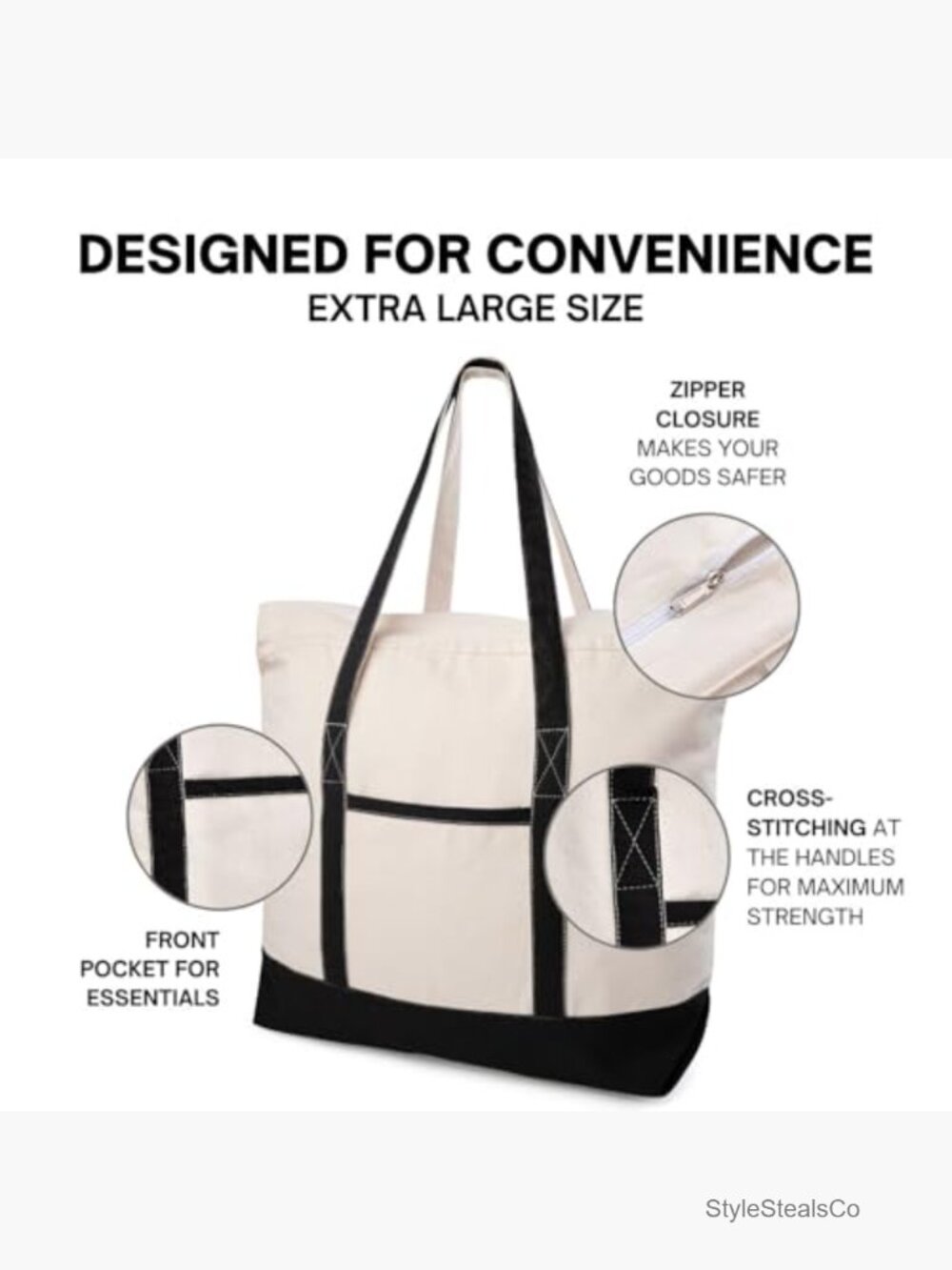 Canvas Tote Bag with Zipper & External Pocket Large Reusable Shopping - Picture 4 of 7